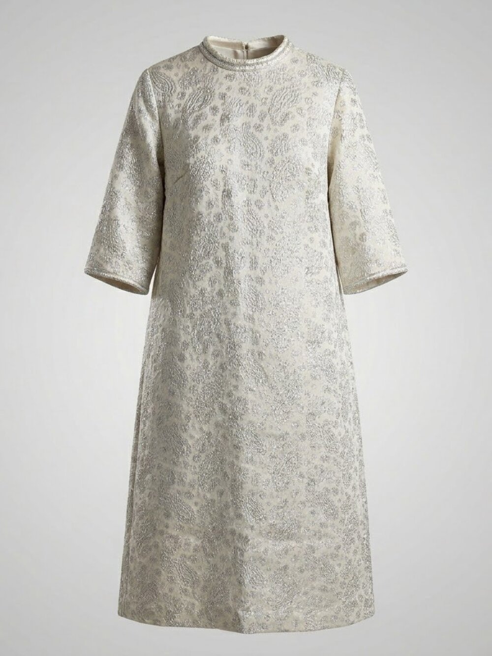 White & Silver Floral Jacquard Midi Shift Dress - Restoration Project